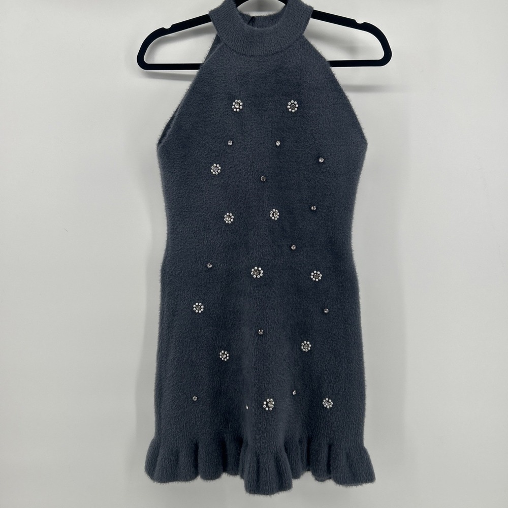 NWT ZARA Sz L Beaded Jeweled Halter Neck Knit Mini Dress Gray Soft Balletcore